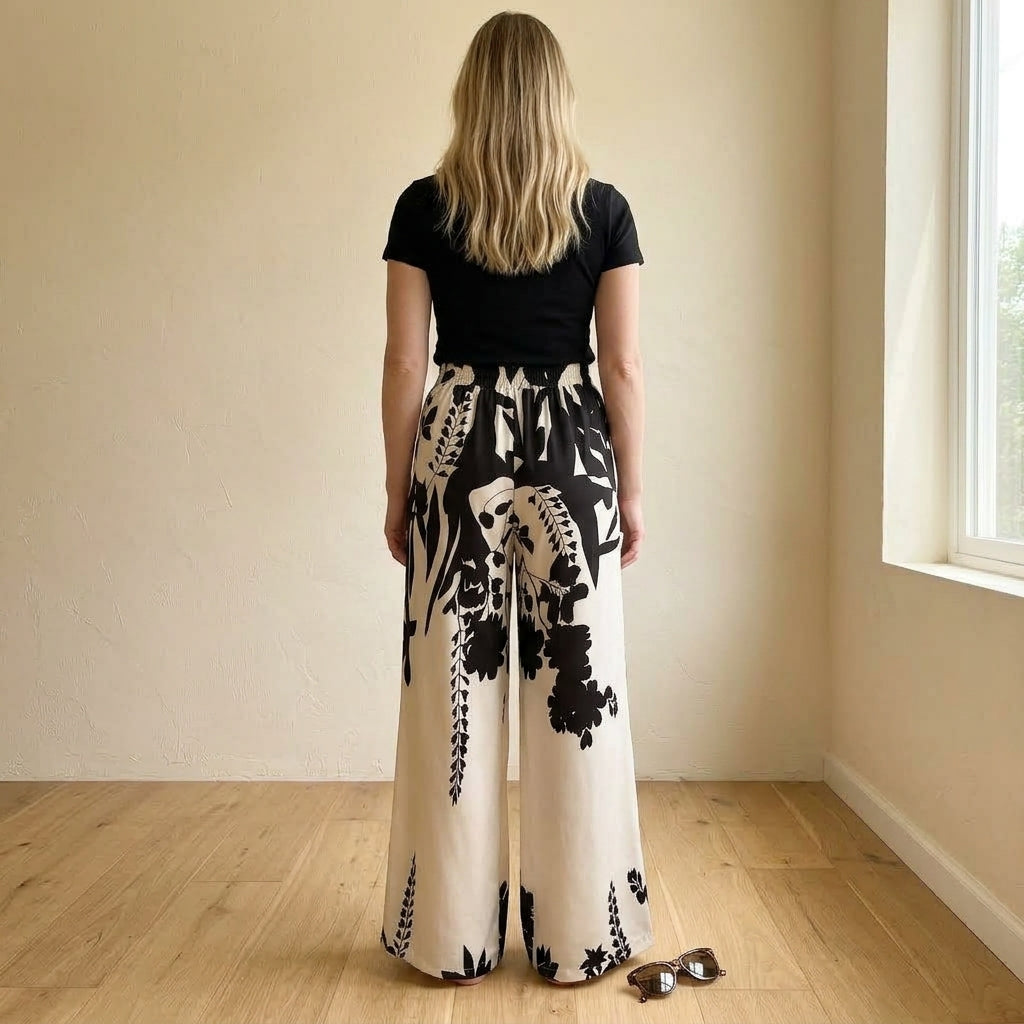 Benedetta | Pantaloni a Gamba Larga con Stampa Tropicale