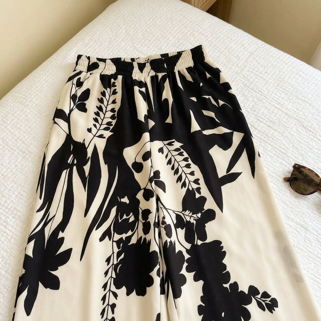 Benedetta | Pantaloni a Gamba Larga con Stampa Tropicale
