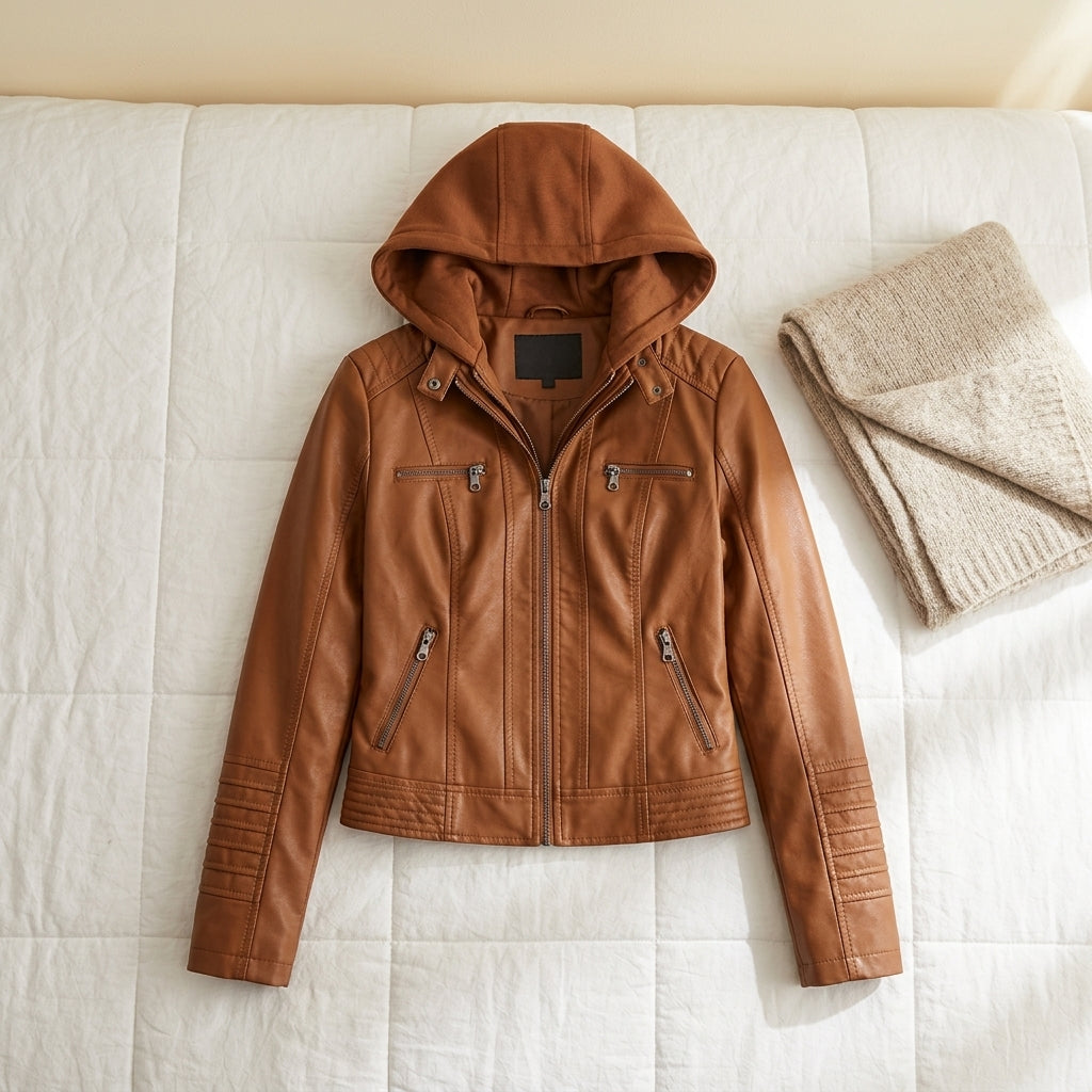 Adele | Giacca in Pelle con Cappuccio e Zip