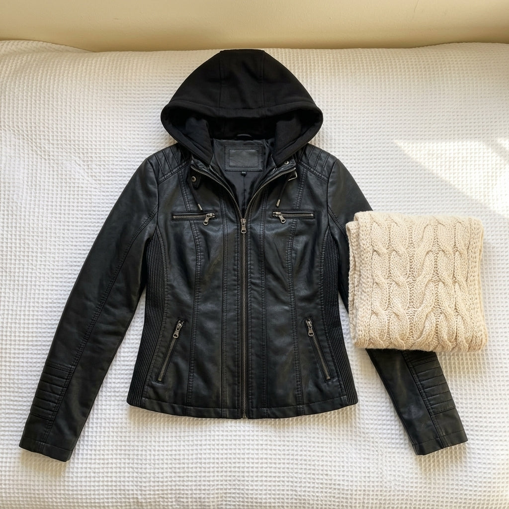 Adele | Giacca in Pelle con Cappuccio e Zip
