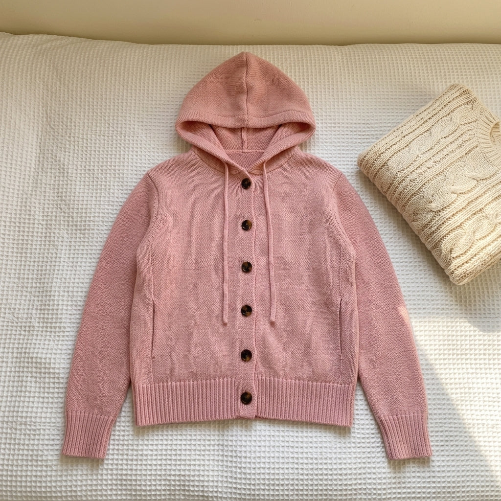 Rosa | Cardigan con Cappuccio e Bottoni