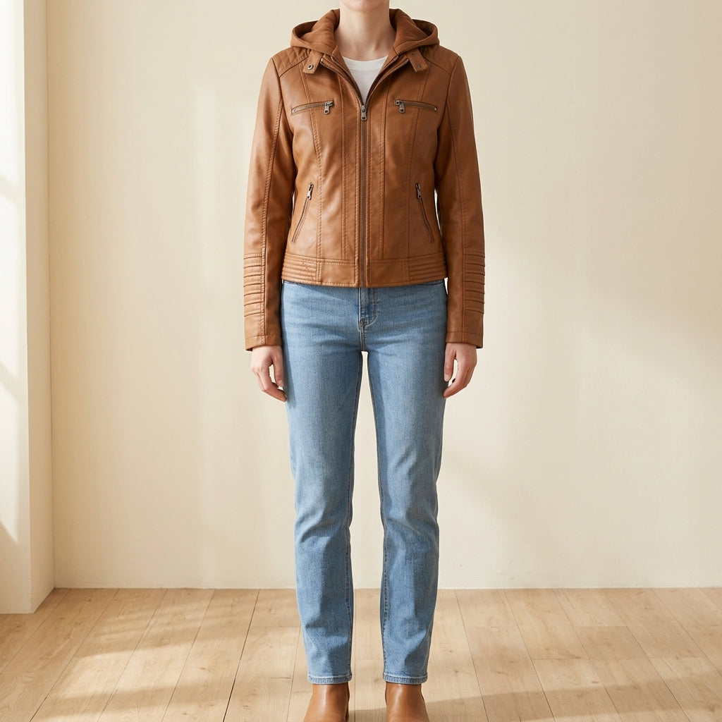 Adele | Giacca in Pelle con Cappuccio e Zip