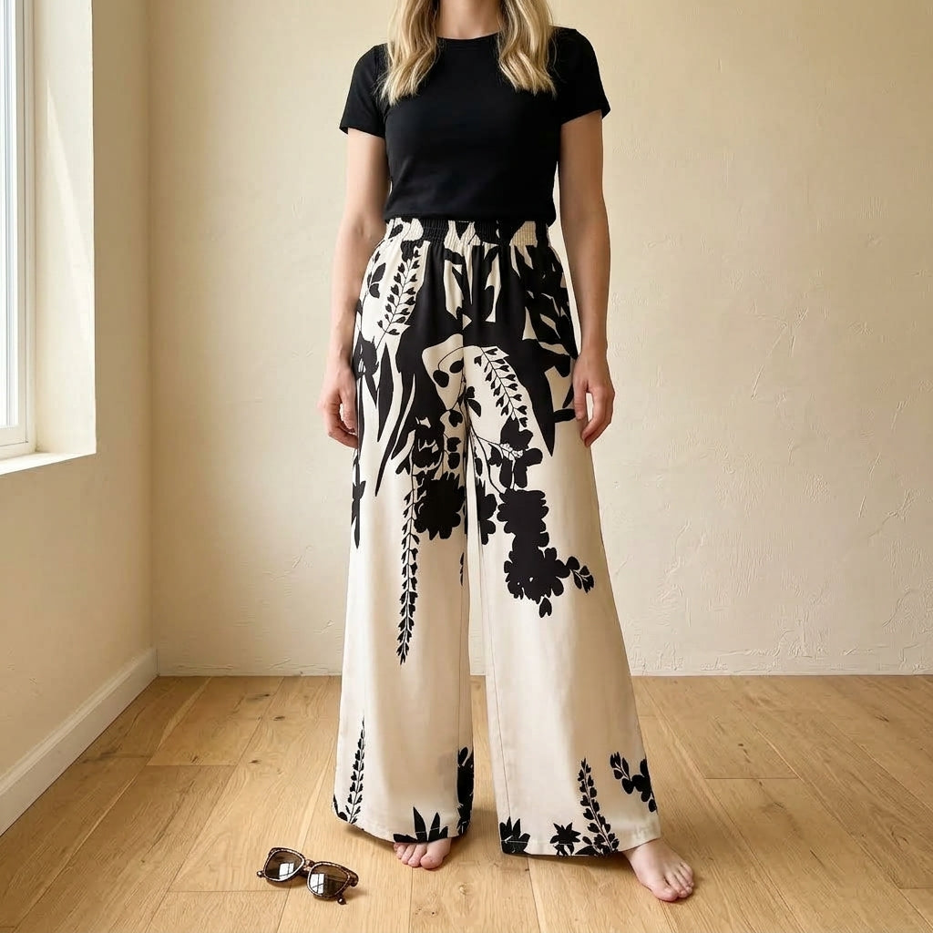Benedetta | Pantaloni a Gamba Larga con Stampa Tropicale
